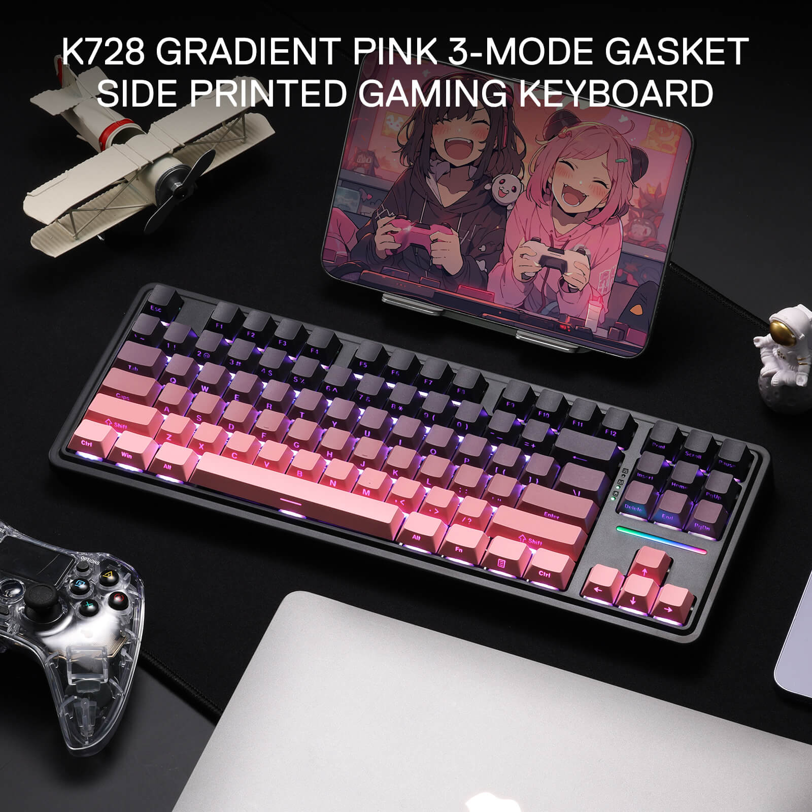 Redragon K728 PRO 80% Wireless Gasket Gaming Keyboard, 3-Mode 87 Keys TKL Mechanical Keyboard w/South-Facing LED & Hot-Swap Socket, 5-Layer Noise Dampening, Custom Linear Switch, PBT Gradient Keycaps