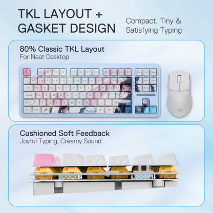 Redragon K728 PRO SE 80% 87 Keys Wireless Gasket RGB Gaming Keyboard, 3-Mode Anime Mechanical Keyboard w/Hot-Swap Socket, Dedicated Knob Control & 5-Layer Noise Dampening, Custom Hi-Fi Linear Switch
