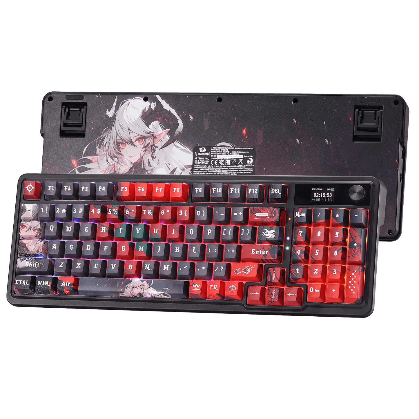Redragon K719 PRO Wireless Gasket Gaming Keyboard w/Hype Screen & Knob, 95 Keys Mechanical Keyboard, Easy-Control 1.14’’ TFT Info Display, 5-Layer Noise Dampening, Custom Linear Switch, Anime Edition, Black and Red