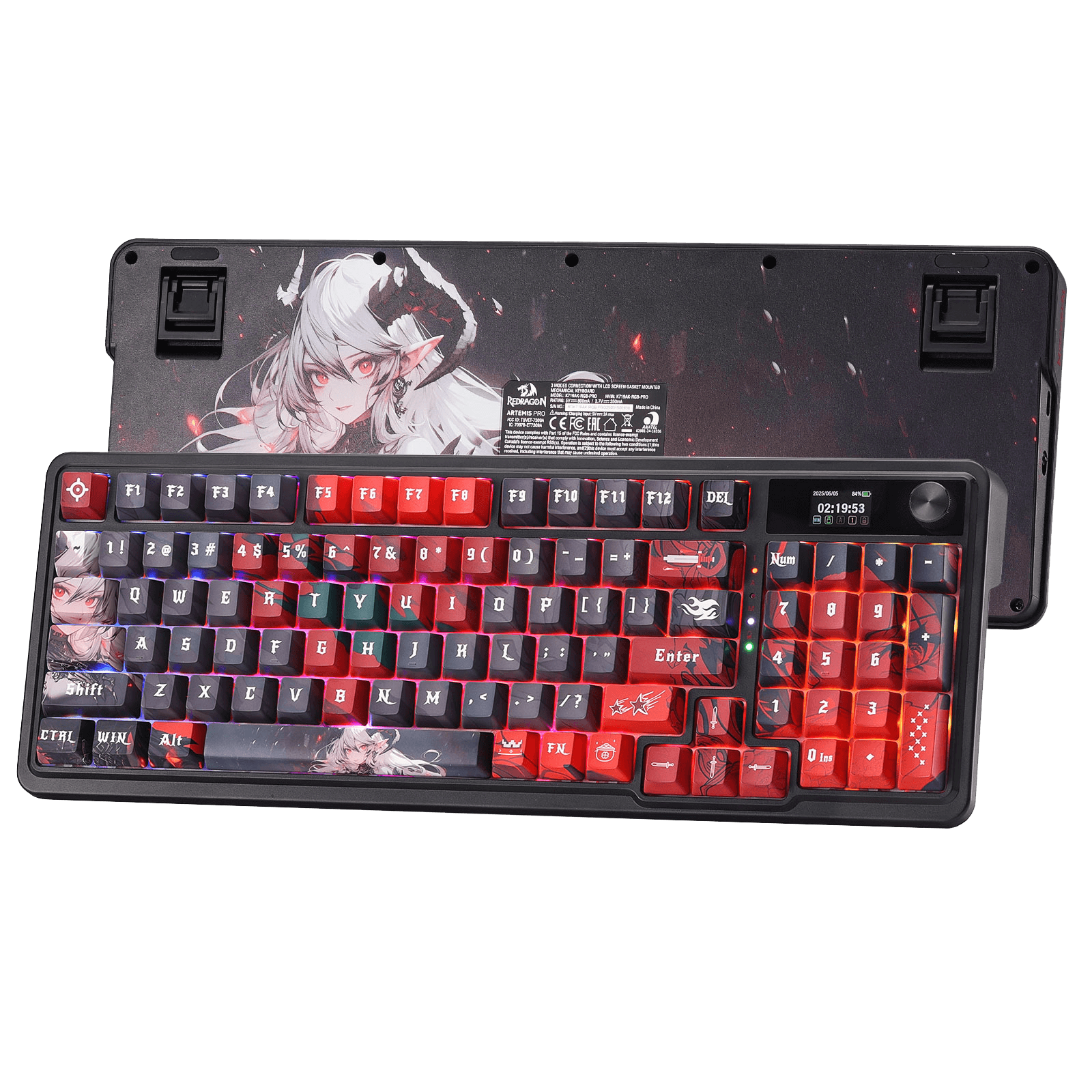 Redragon K719 PRO Wireless Gasket Gaming Keyboard w/Hype Screen & Knob, 95 Keys Mechanical Keyboard, Easy-Control 1.14’’ TFT Info Display, 5-Layer Noise Dampening, Custom Linear Switch, Anime Edition, Black and Red