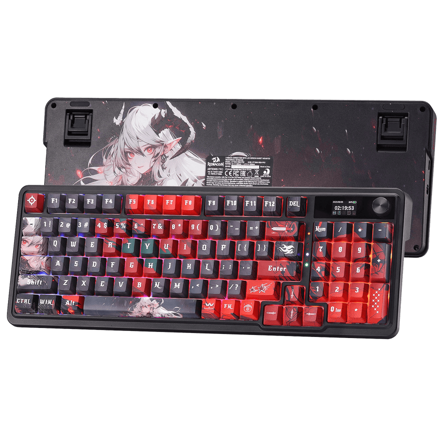 Redragon K719 PRO Wireless Gasket Gaming Keyboard w/Hype Screen & Knob, 95 Keys Mechanical Keyboard, Easy-Control 1.14’’ TFT Info Display, 5-Layer Noise Dampening, Custom Linear Switch, Anime Edition, Black and Red