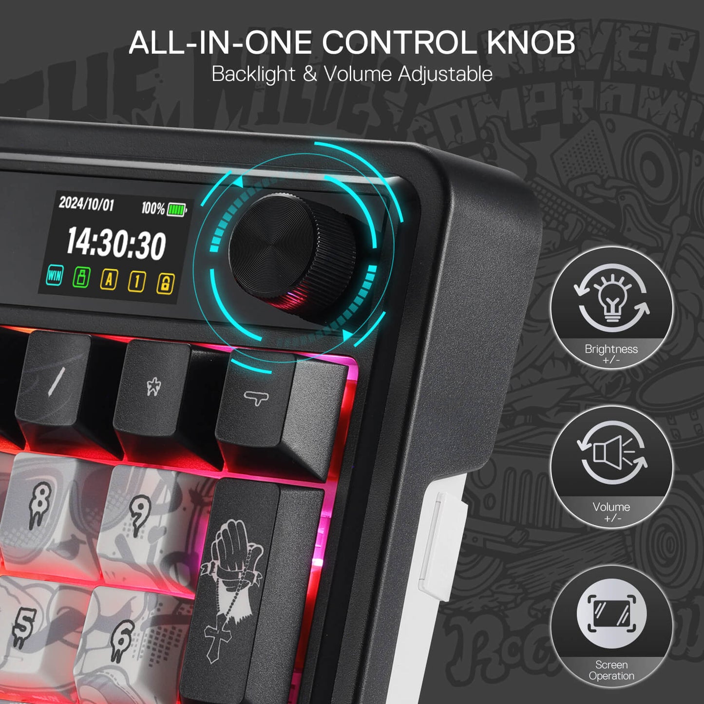 Keyboard with an all-in-one control knob for backlight and volume adjustment on a dark background.