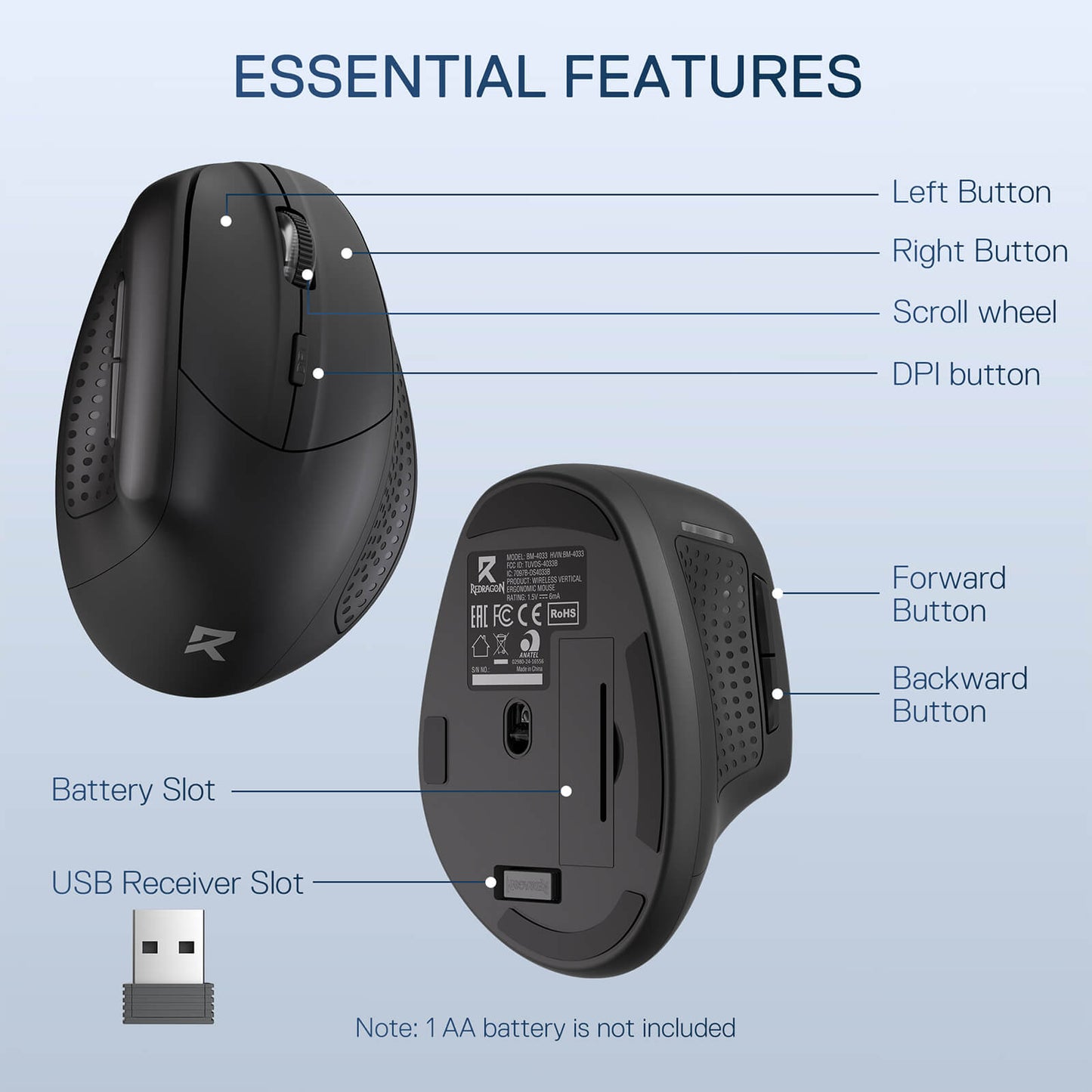 Redragon BM-4033 Wireless Vertical Ergonomic Mouse, 2.4GHz Connection, 5 Levels Up to 4000 DPI, Auto Power Saving Mice for Laptop, Desktop, PC, Black