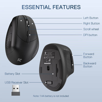 Redragon BM-4033 Wireless Vertical Ergonomic Mouse, 2.4GHz Connection, 5 Levels Up to 4000 DPI, Auto Power Saving Mice for Laptop, Desktop, PC, Black