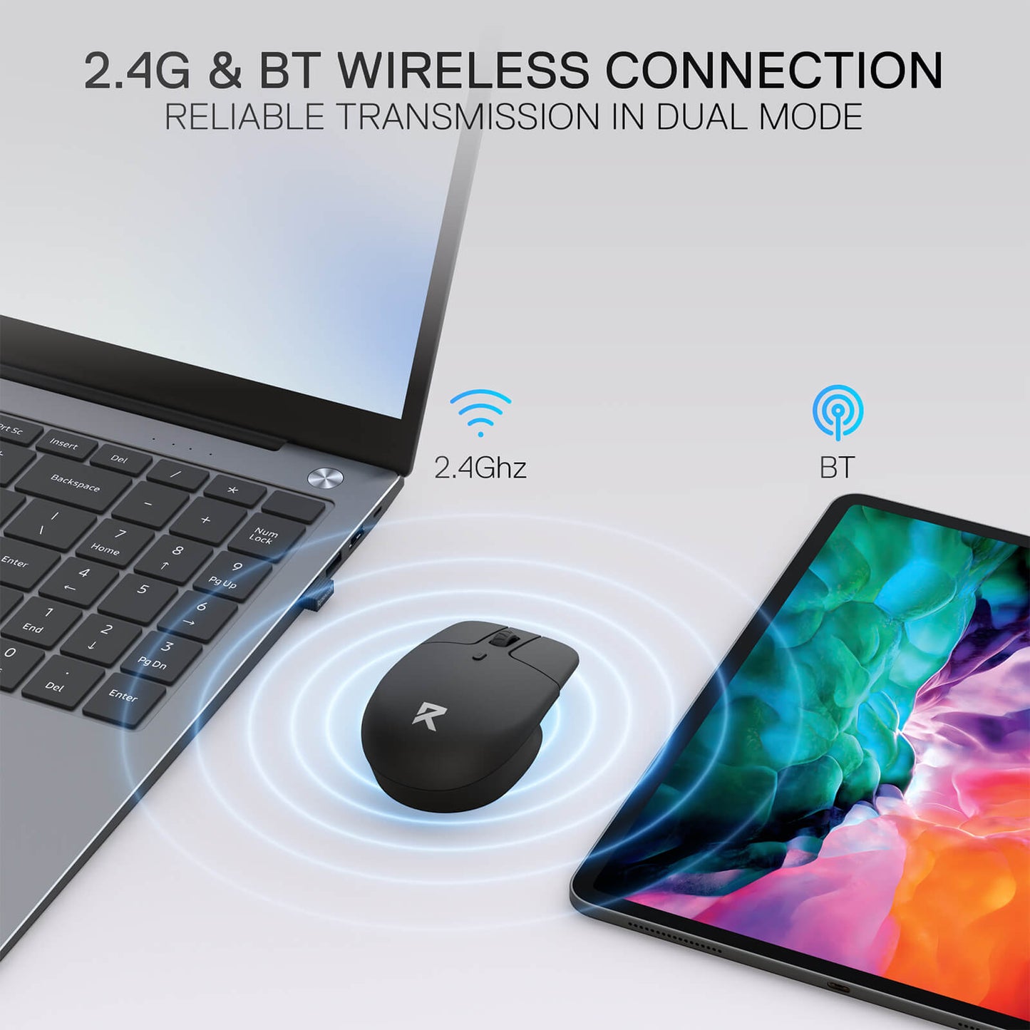 The mouse’s dual 2.4GHz and Bluetooth wireless connection is demonstrated, ensuring reliable transmission across laptops and tablets.