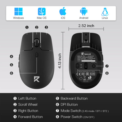 A top-down and bottom-up view of the mouse details its 6 buttons (left, right, scroll, forward, backward, DPI), mode switch, power switch, and compatibility with Windows, Mac OS, iOS, Android, and Linux.