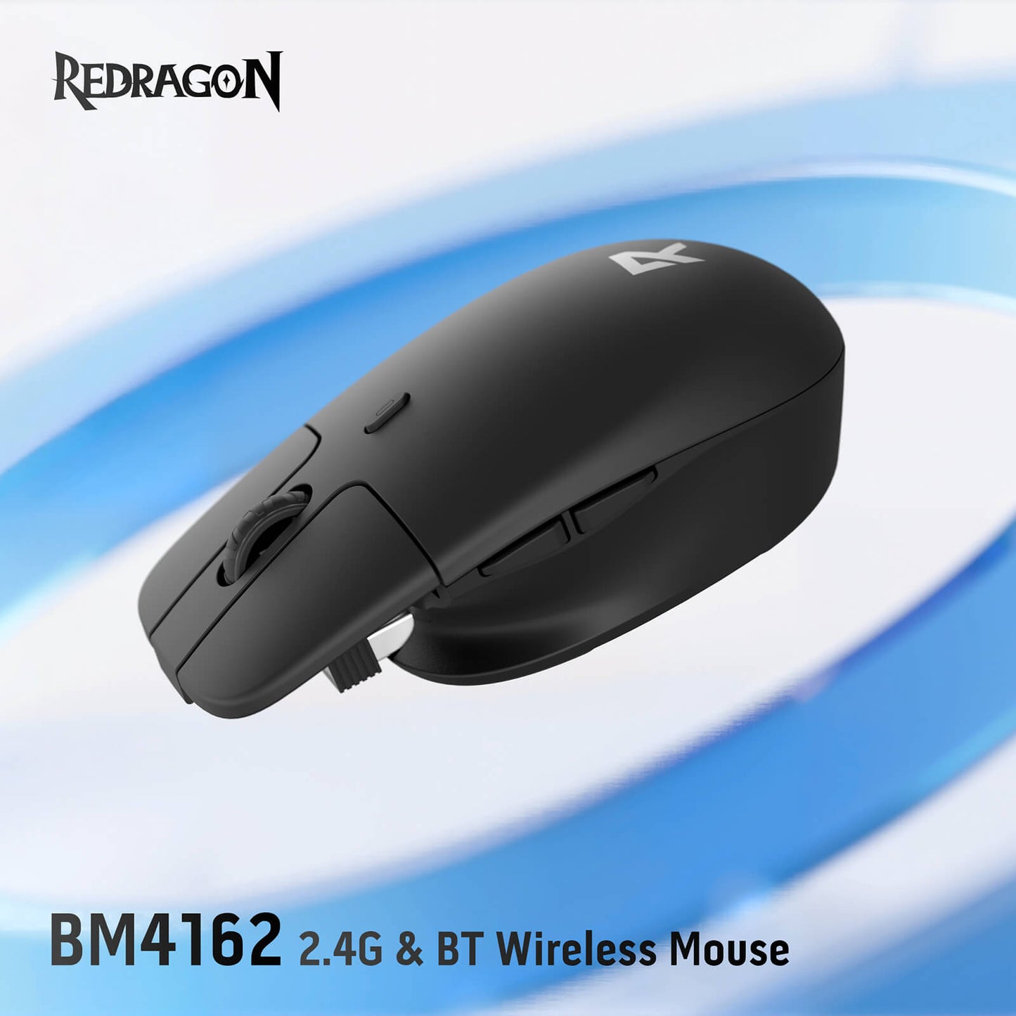 The Redragon BM4162 2.4G & BT wireless mouse is showcased, highlighting its sleek black design and dual wireless connectivity.