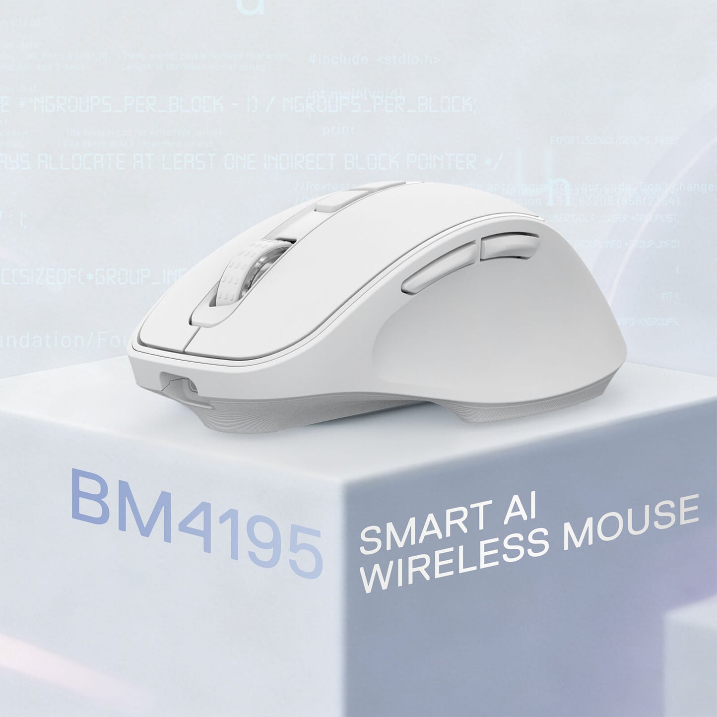 Redragon White smart AI wireless mouse on a light blue background with 'BM4195' branding.