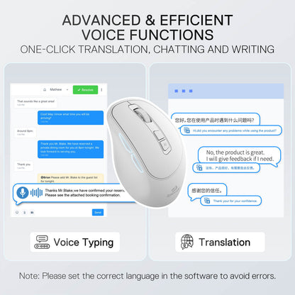 Redragon White computer mouse with voice translation software interface on a gray background