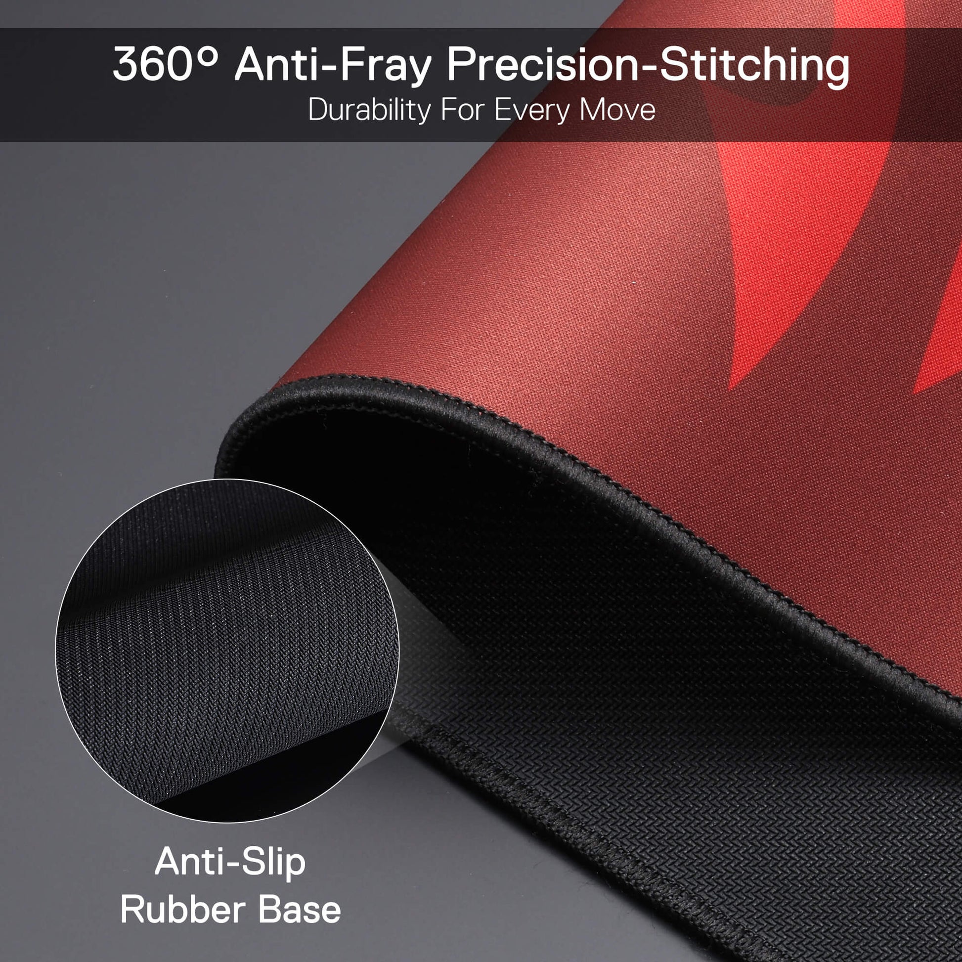 Red gaming mouse pad with black text and close-up of anti-slip rubber base on a gray background