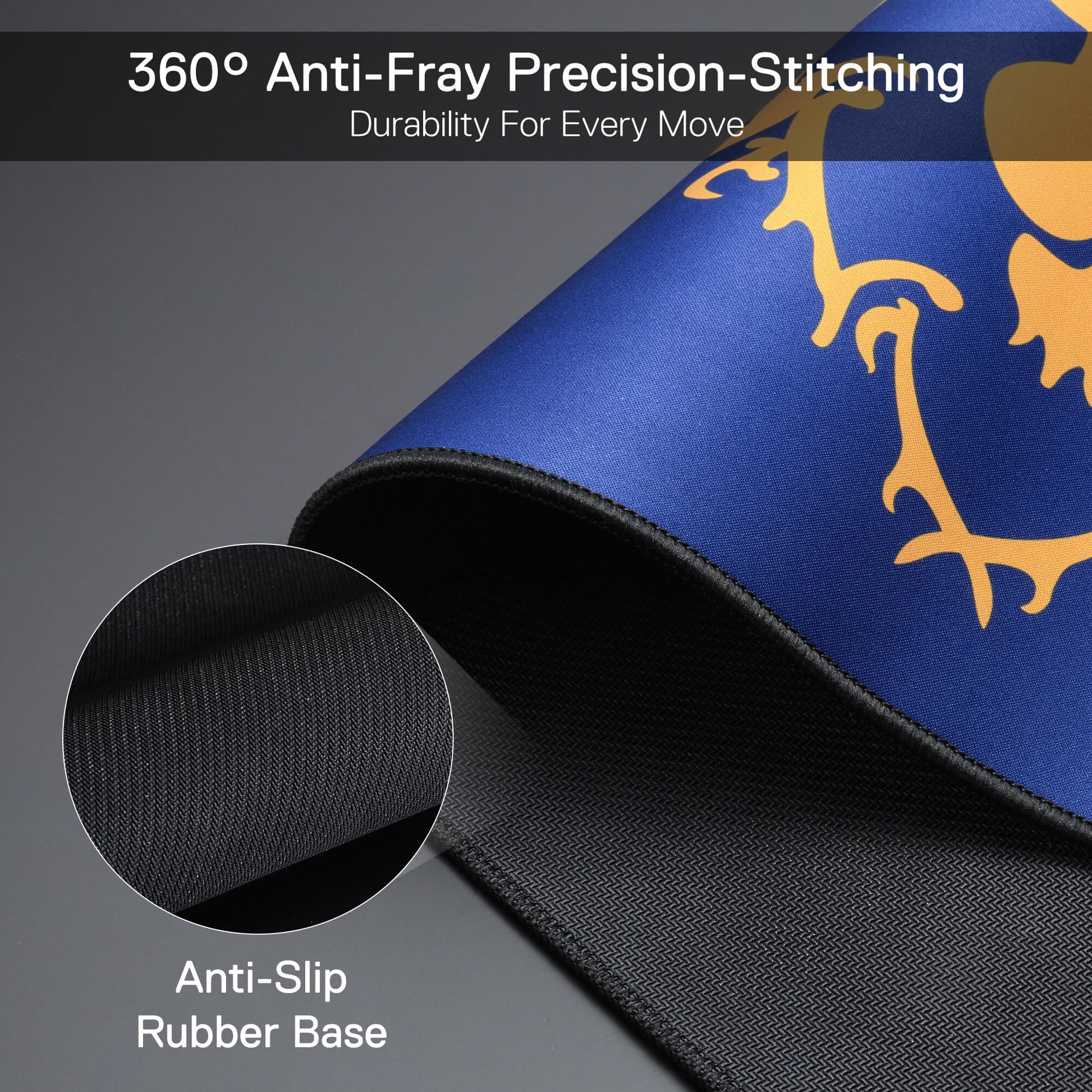 Blue mouse pad with gold design and text about anti-fray precision-stitching and anti-slip rubber base.