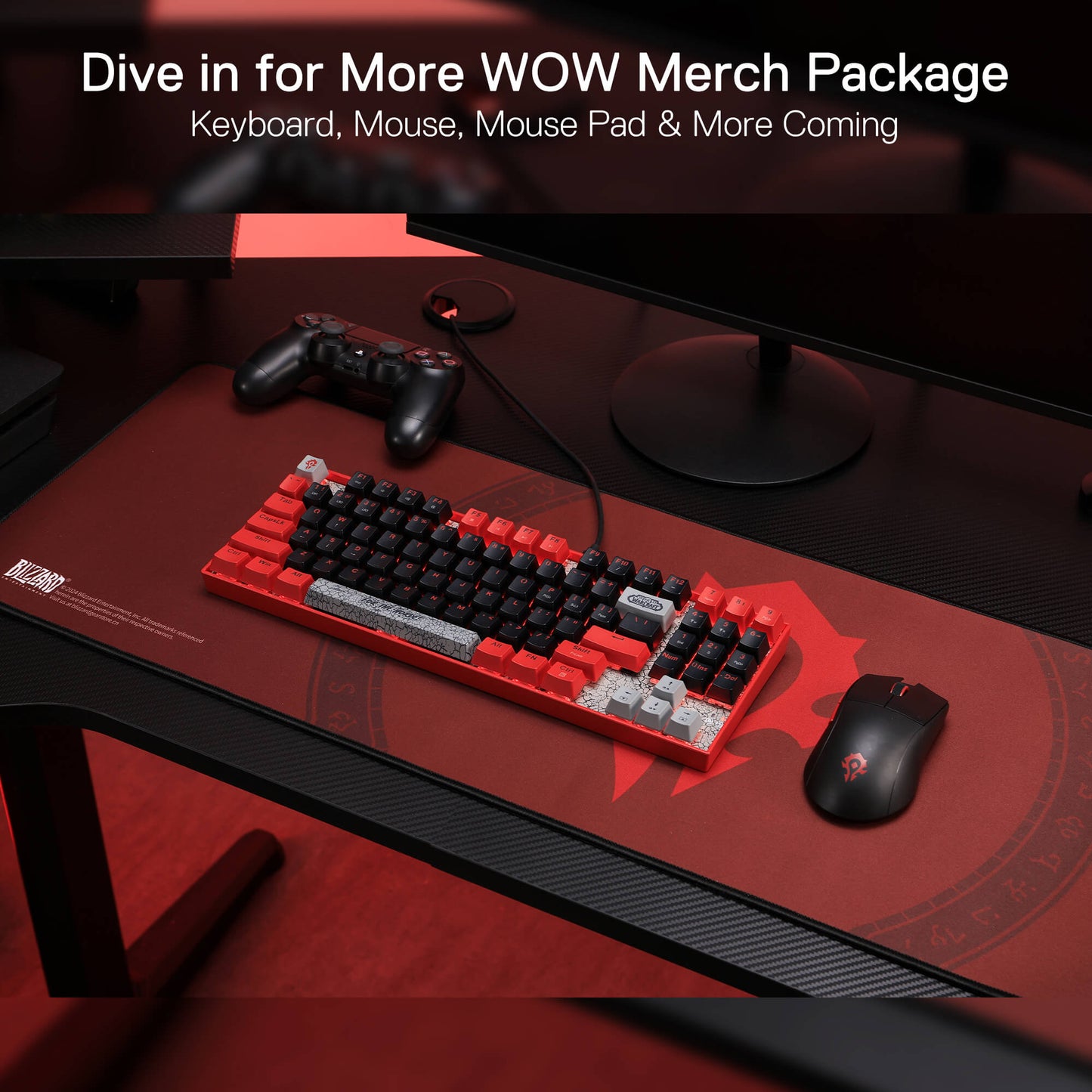 Red and black keyboard with mouse on a desk, promotional text for 'WOW Merch Package'.