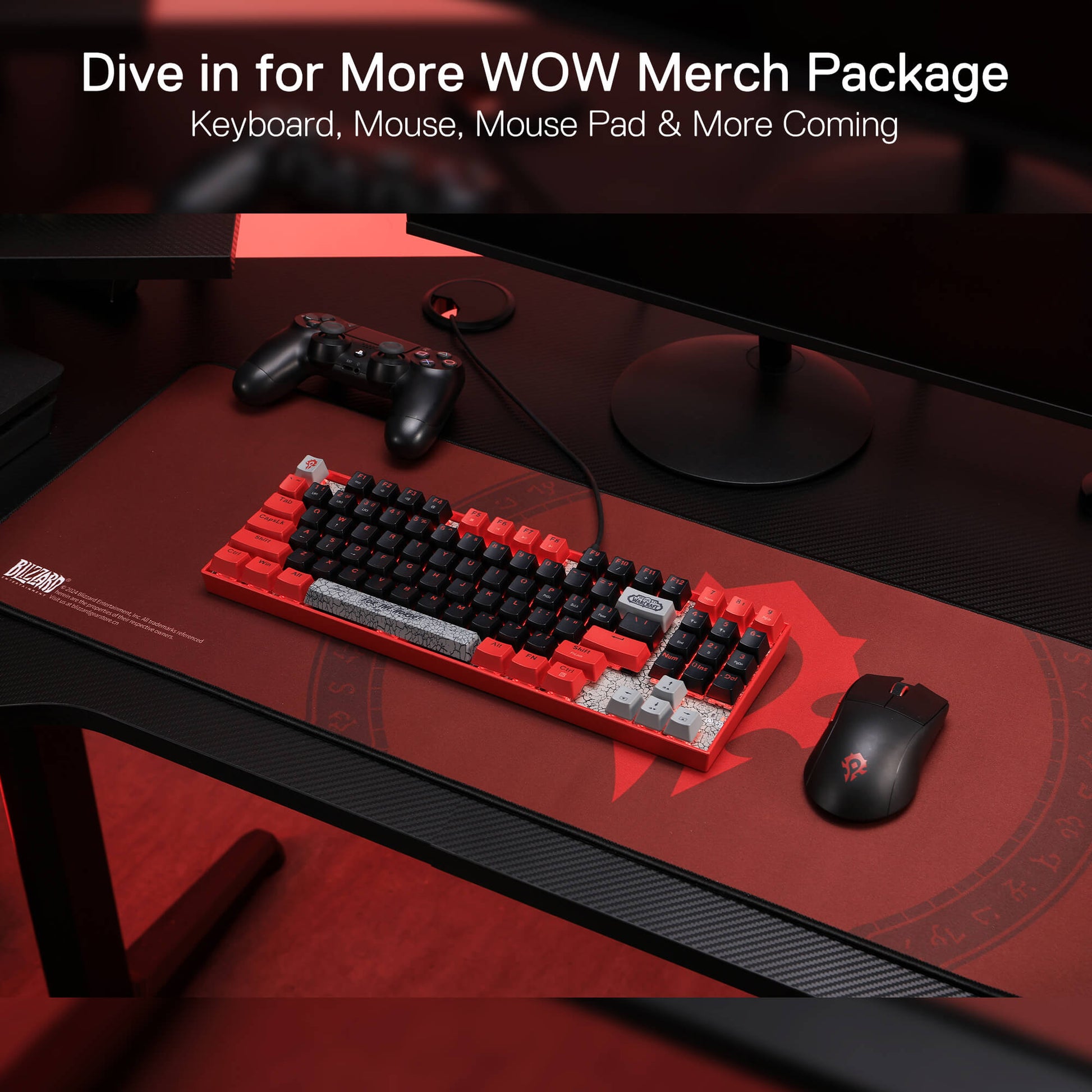 Red and black keyboard with mouse on a desk, promotional text for 'WOW Merch Package'.