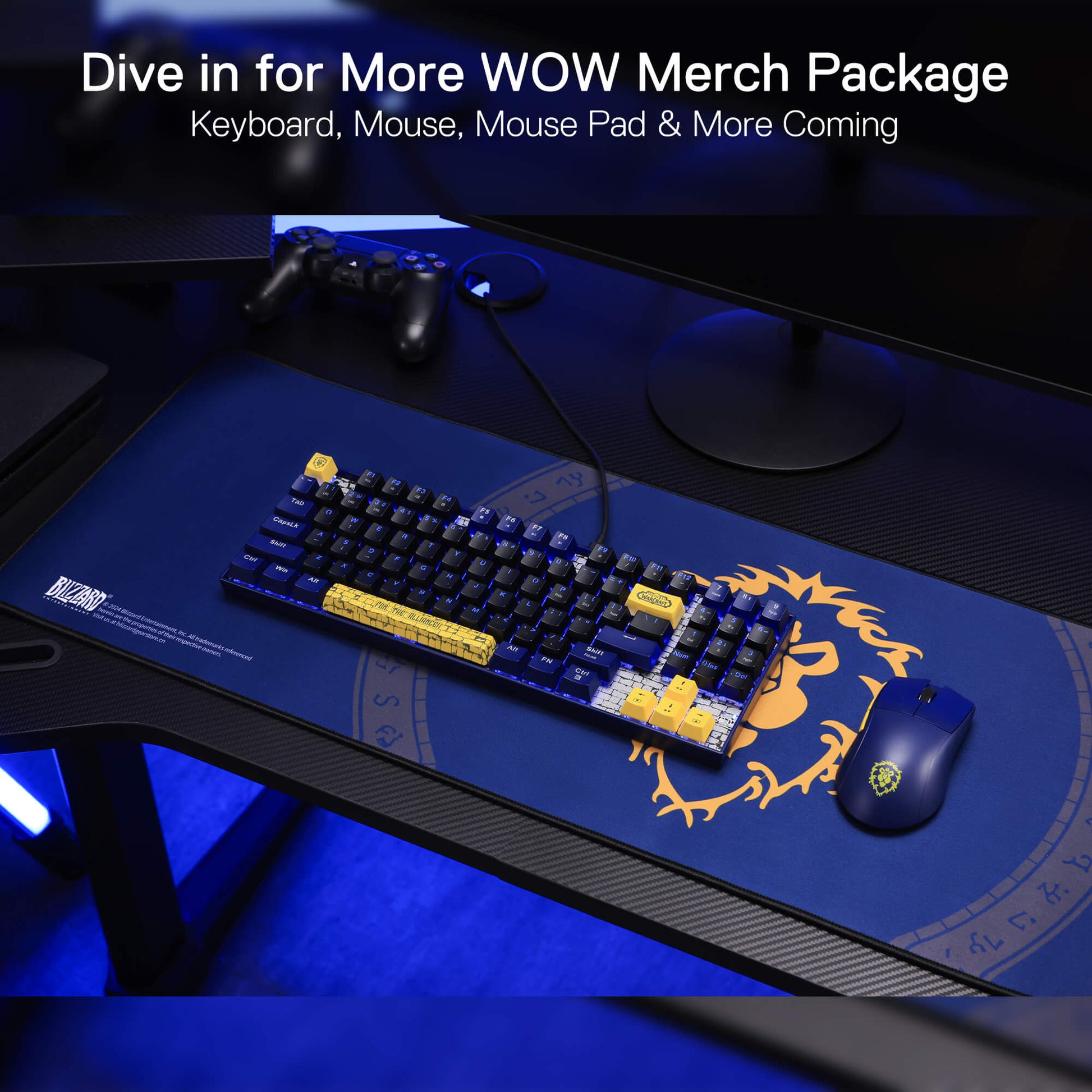 Gaming setup with keyboard, mouse, and mouse pad on a desk