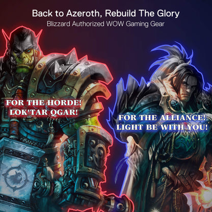 Two characters from a fantasy game with text promoting 'Back to Azeroth, Rebuild The Glory' and 'Blizzard Authorized WOW Gaming Gear'.