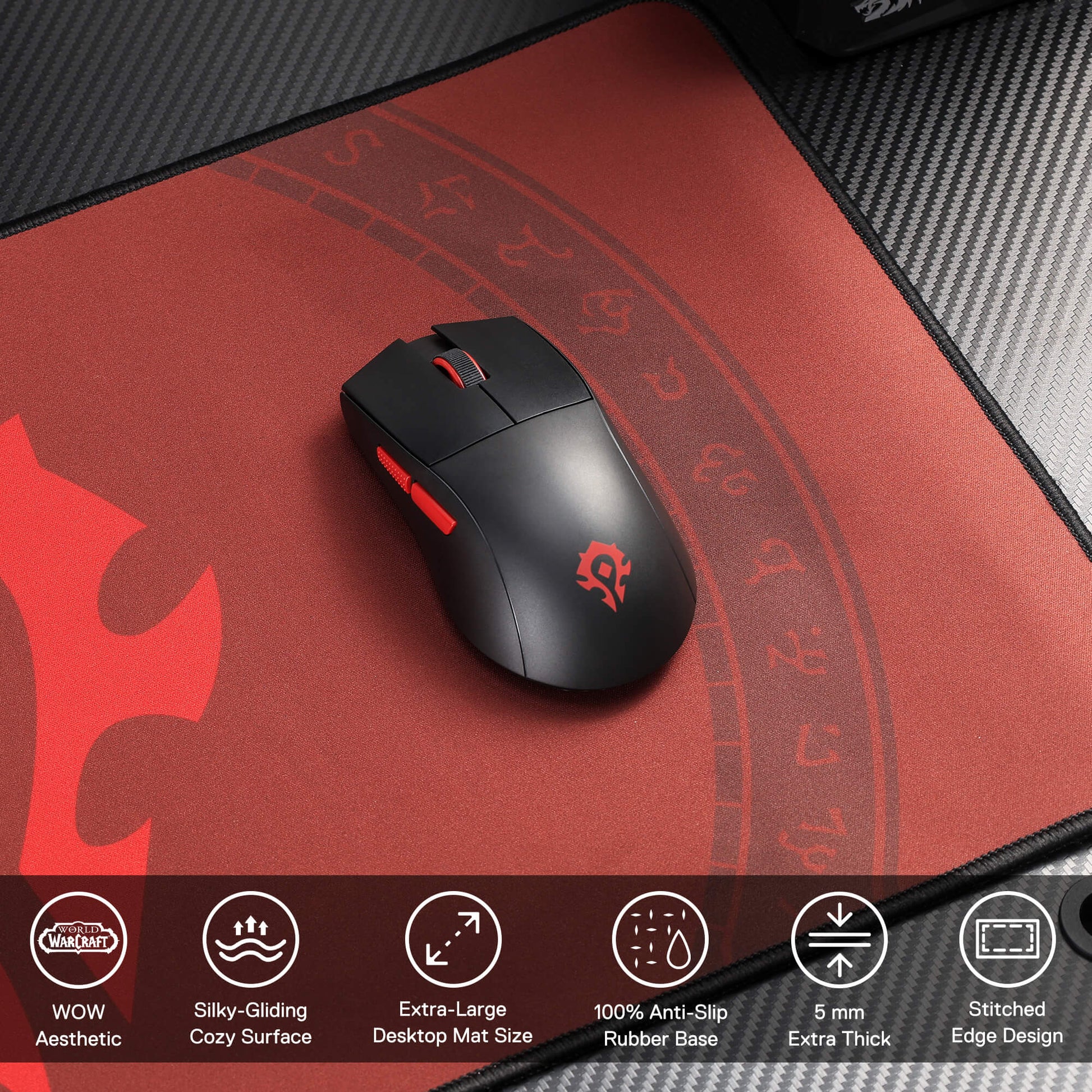 Gaming mouse on a red and black mouse pad with product features displayed below.