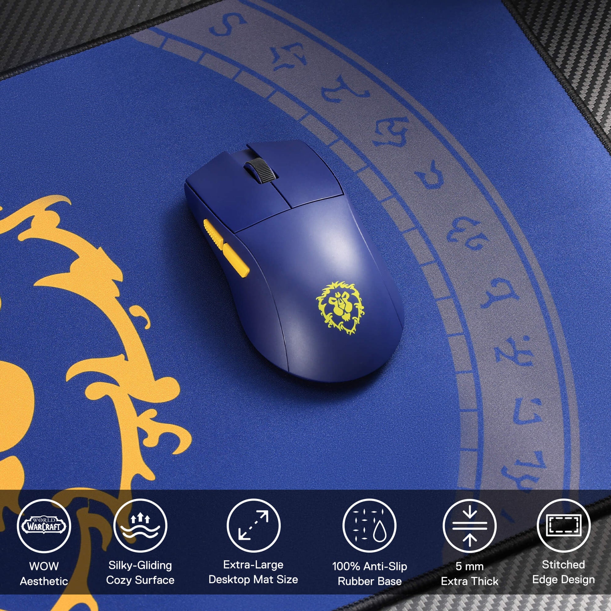 Blue gaming mouse with yellow accents on a decorative blue mouse pad