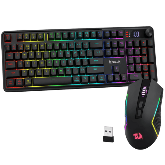 A black mechanical keyboard and matching computer mouse with RGB rainbow backlighting, shown on a solid black background alongside a small USB receiver. The keyboard features the brand name 'DEMANZON' on the spacebar area, and the mouse has a red dragon logo.