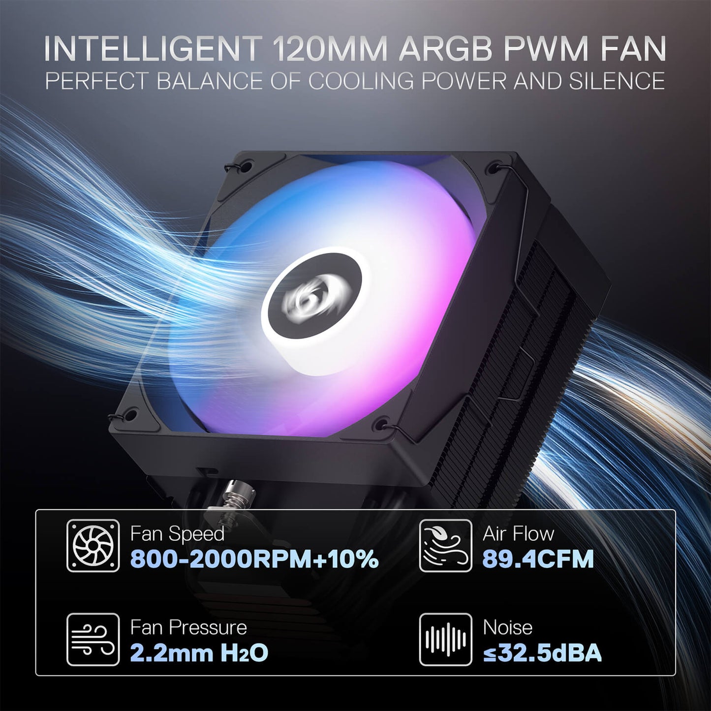 120mm ARGB PWM fan with cooling airflow and technical specifications on a dark background