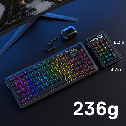 Redragon Gaming keyboard with RGB lighting on a dark surface, showing weight of 236g.