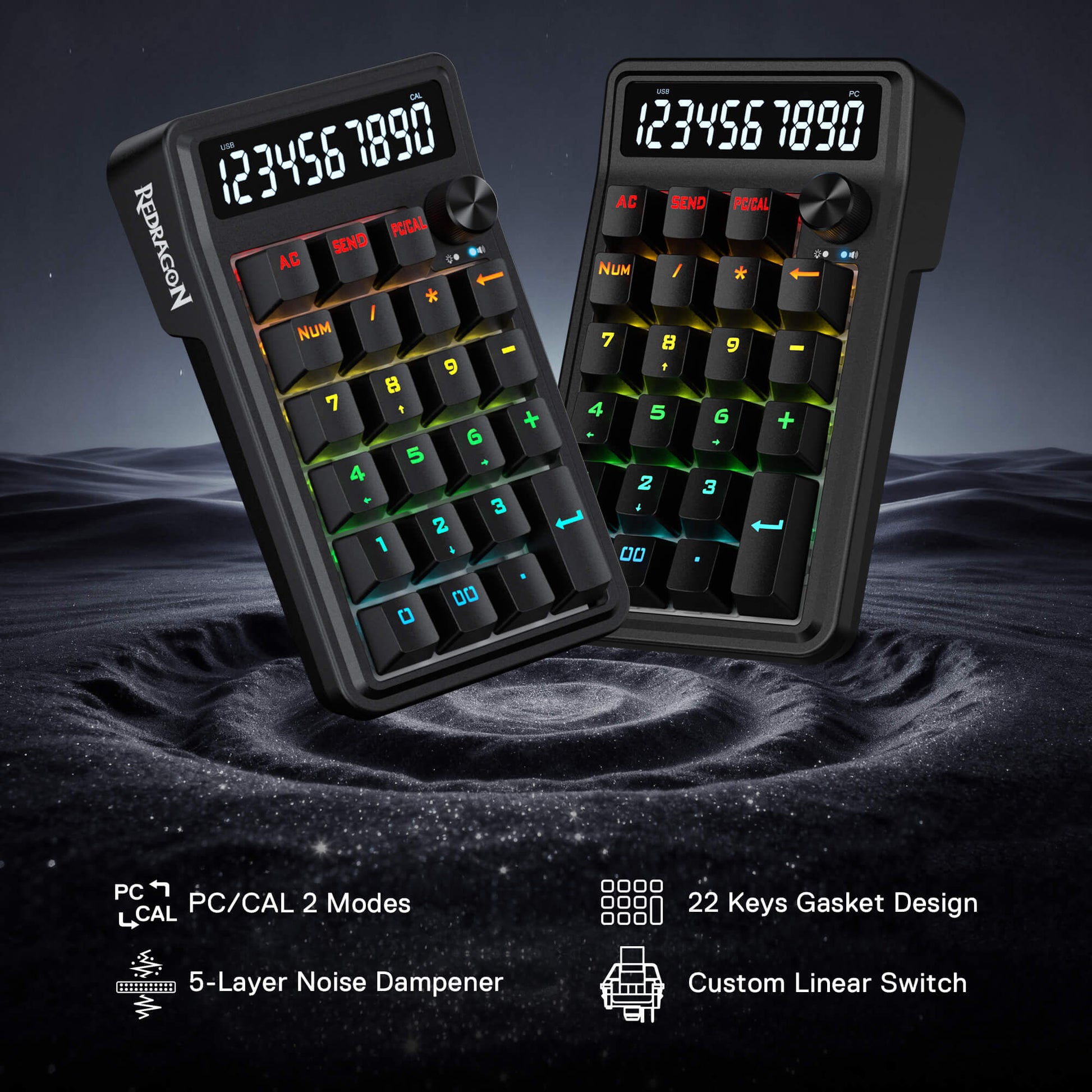 Two black numerical keyboards with colorful backlighting on a dark background