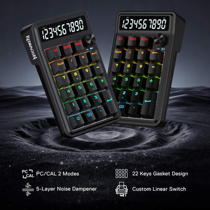 Two black numerical keyboards with colorful backlighting on a dark background