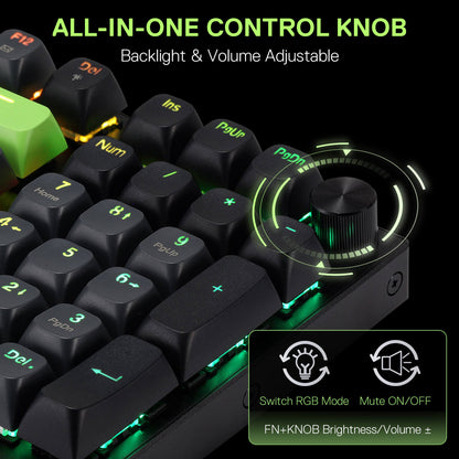 Mechanical keyboard with an all-in-one control knob for backlight and volume adjustment.