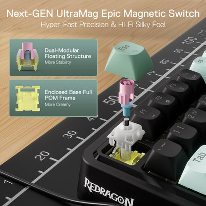 Next-GEN UltraMag Epic Magnetic Switches on a keyboard with Redragon branding.