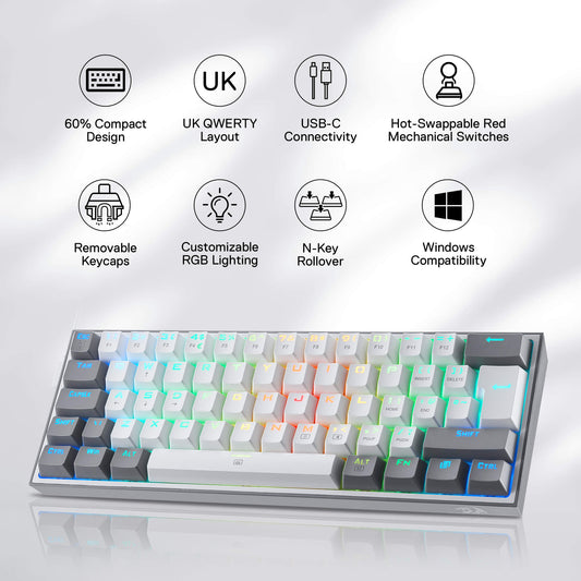FIZZ K617 60% White & Grey UK QWERTY Compact Mechanical Keyboard - alternate view