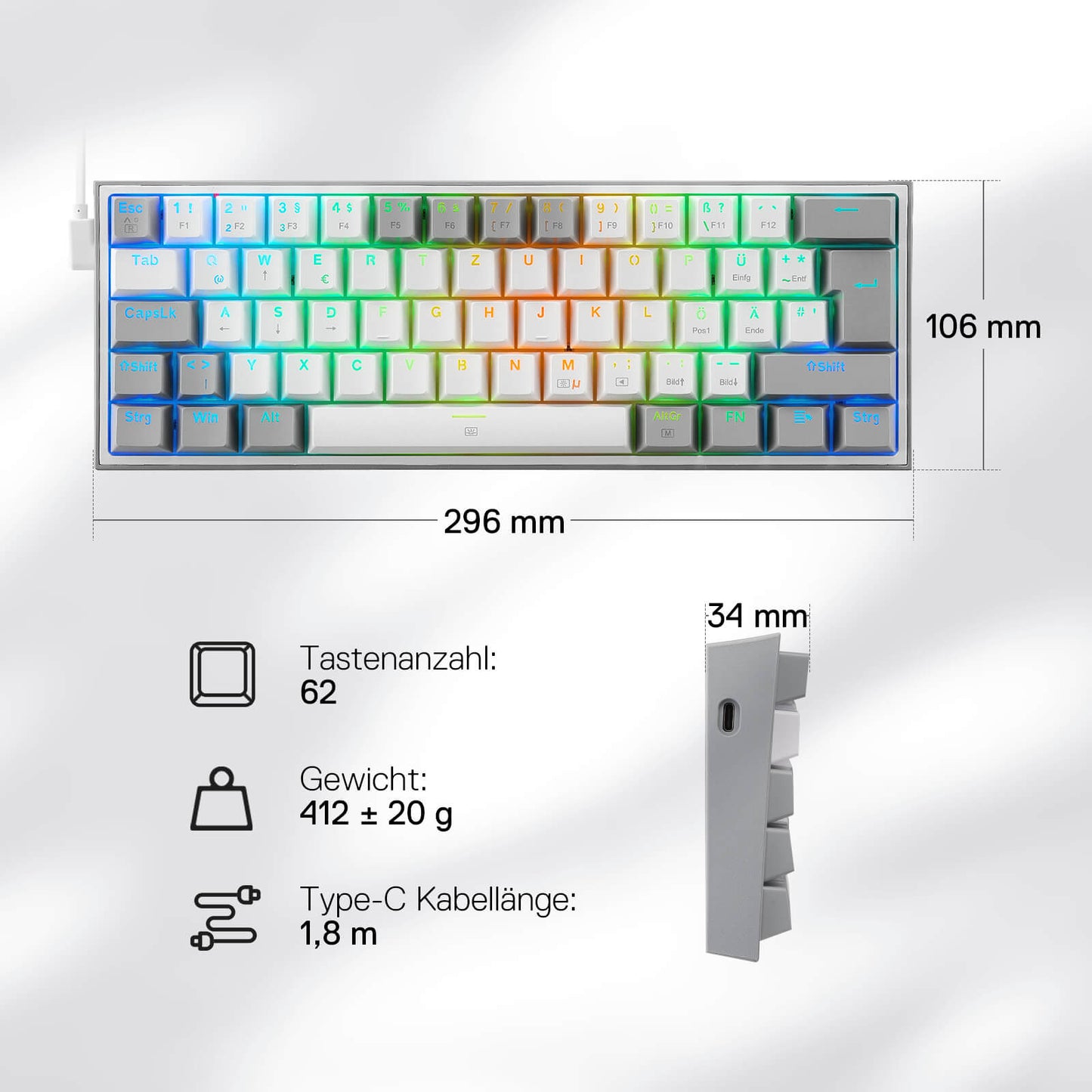 Redragon K617 Fizz 60% Deutsches QWERTZ-Layout Gaming-Tastatur, RGB Verkabelte Gaming Tastatur, 62 Tasten, Hot Swap Rote Schalter, Programmierbare Tasten, Abnehmbares USB Type C Kabel - Grau & Weiß