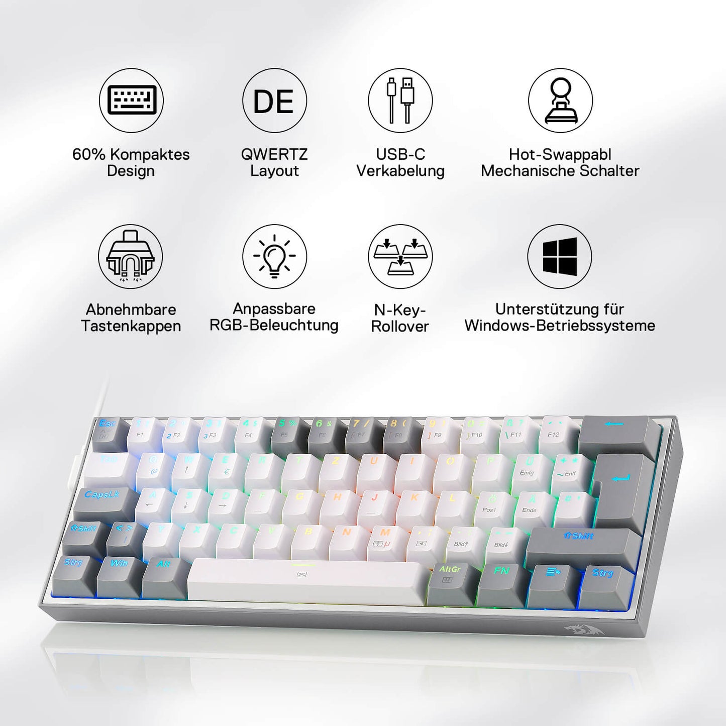 Redragon K617 Fizz 60% Deutsches QWERTZ-Layout Gaming-Tastatur, RGB Verkabelte Gaming Tastatur, 62 Tasten, Hot Swap Rote Schalter, Programmierbare Tasten, Abnehmbares USB Type C Kabel - Grau & Weiß