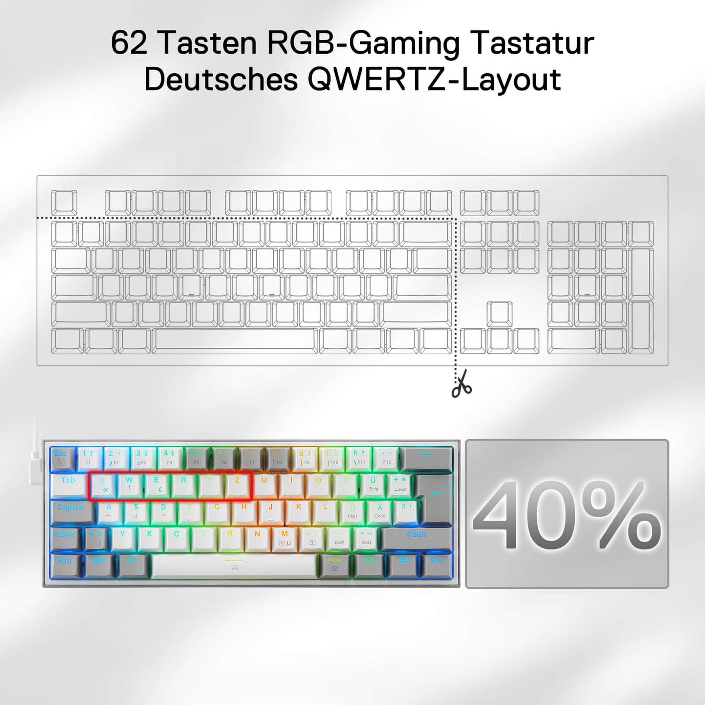 Redragon K617 Fizz 60% Deutsches QWERTZ-Layout Gaming-Tastatur, RGB Verkabelte Gaming Tastatur, 62 Tasten, Hot Swap Rote Schalter, Programmierbare Tasten, Abnehmbares USB Type C Kabel - Grau & Weiß