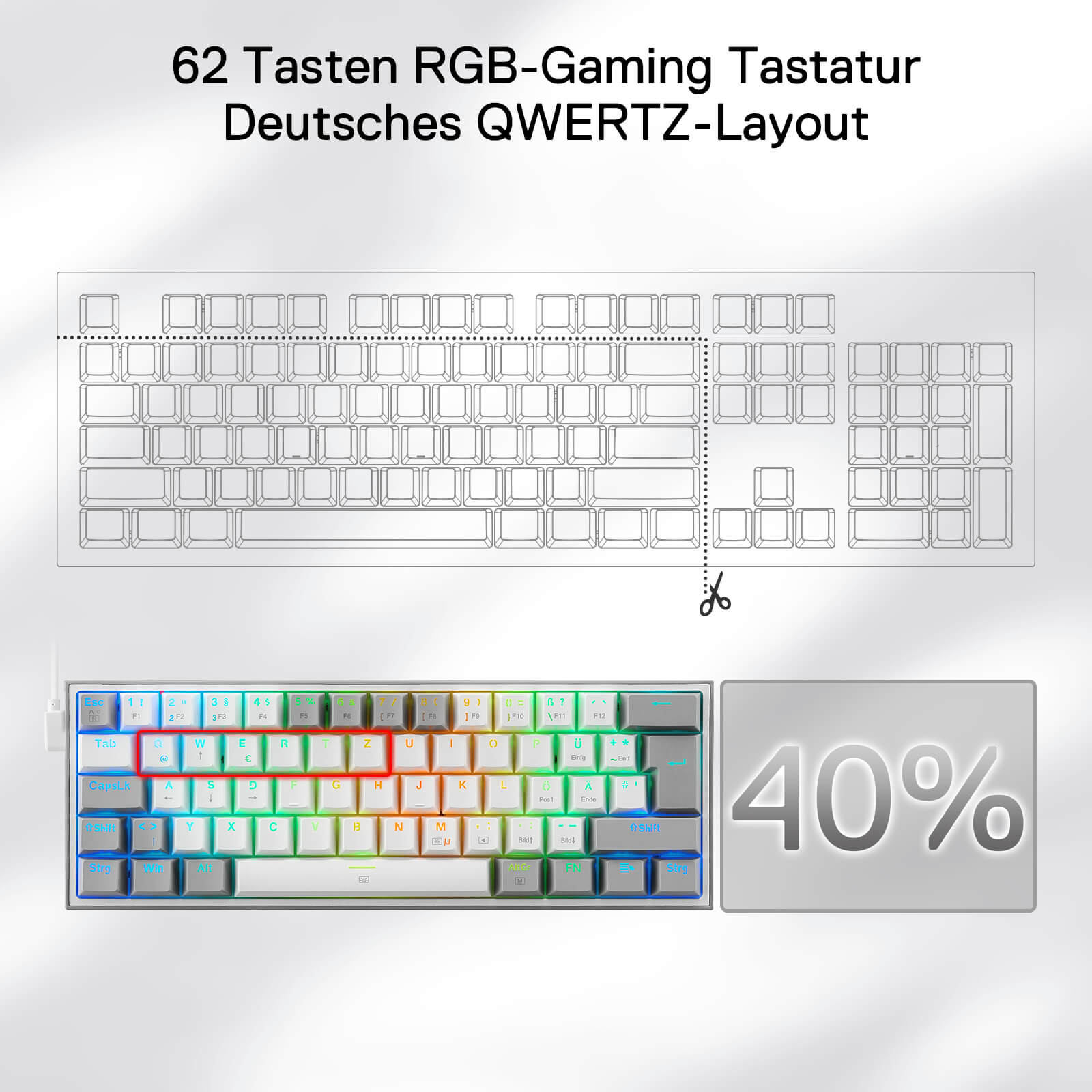 Redragon K617 Fizz 60% Deutsches QWERTZ-Layout Gaming-Tastatur, RGB Verkabelte Gaming Tastatur, 62 Tasten, Hot Swap Rote Schalter, Programmierbare Tasten, Abnehmbares USB Type C Kabel - Grau & Weiß