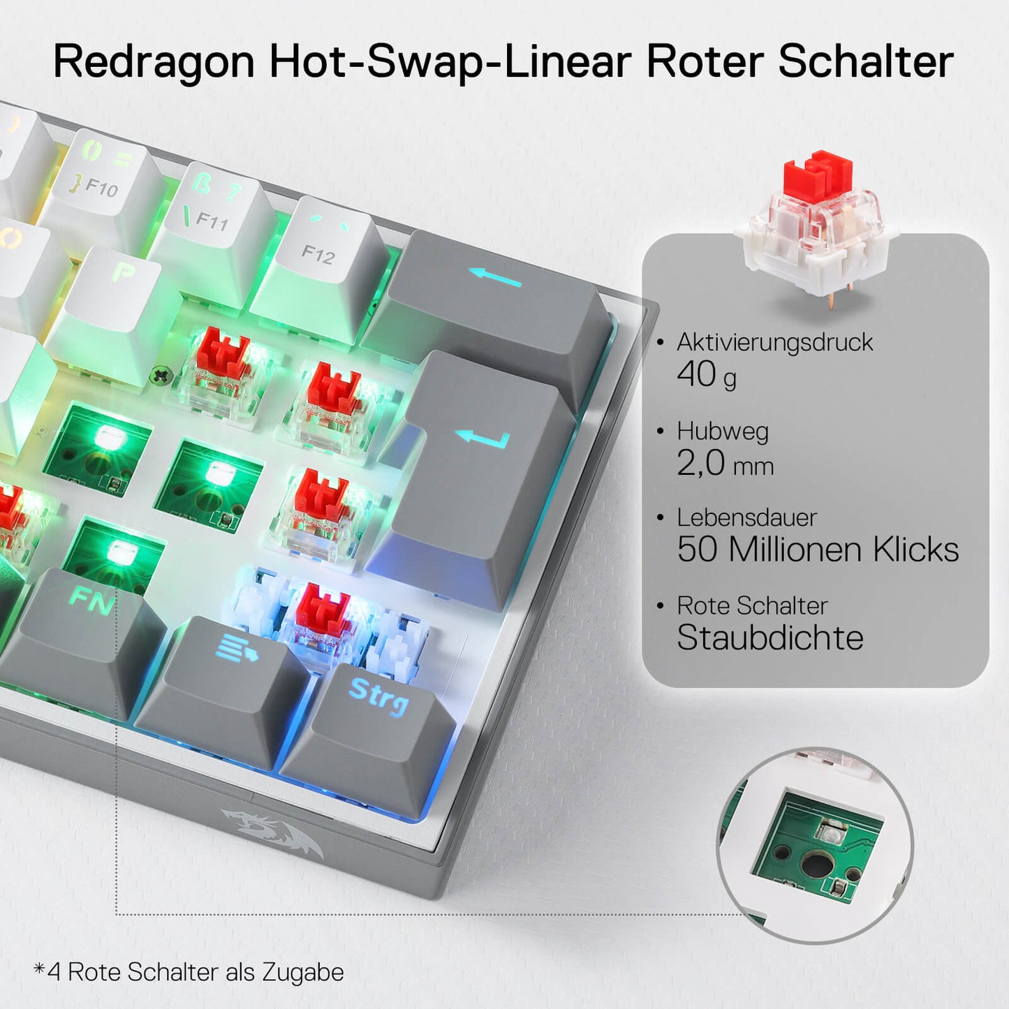 Redragon K617 Fizz 60% Deutsches QWERTZ-Layout Gaming-Tastatur, RGB Verkabelte Gaming Tastatur, 62 Tasten, Hot Swap Rote Schalter, Programmierbare Tasten, Abnehmbares USB Type C Kabel - Grau & Weiß