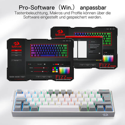 Redragon K617 Fizz 60% Deutsches QWERTZ-Layout Gaming-Tastatur, RGB Verkabelte Gaming Tastatur, 62 Tasten, Hot Swap Rote Schalter, Programmierbare Tasten, Abnehmbares USB Type C Kabel - Grau & Weiß