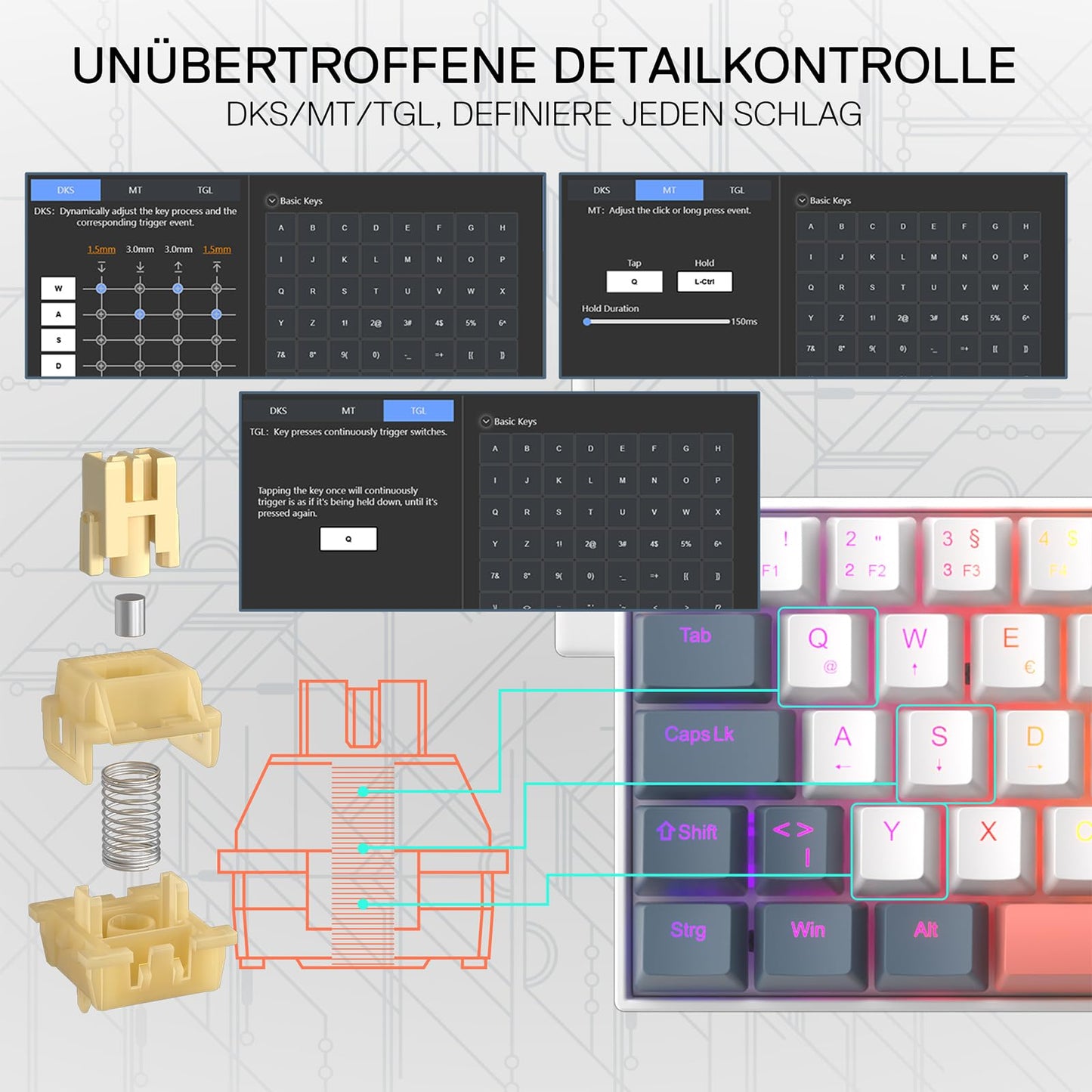 Promotional graphic for a mechanical keyboard switch component. The image features German text at the top reading 'UNÜBERTROFFENE DETAILKONTROLLE DKS/MT/TGL, DEFINIERE JEDEN SCHLAG'.