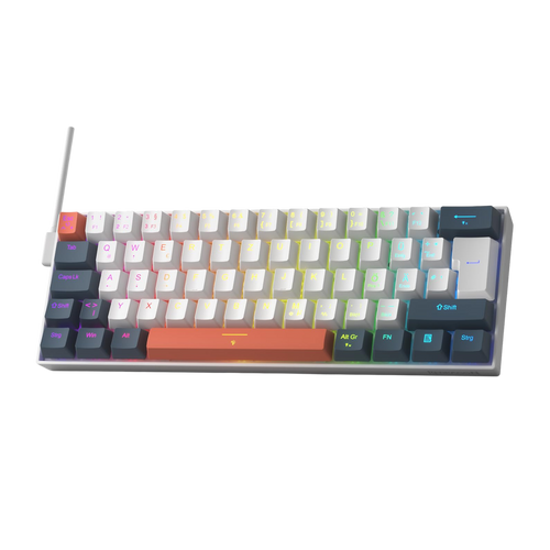 A compact mechanical keyboard with a white keycap layout and RGB backlighting, featuring a prominent orange macro key and a white antenna on a plain white background.