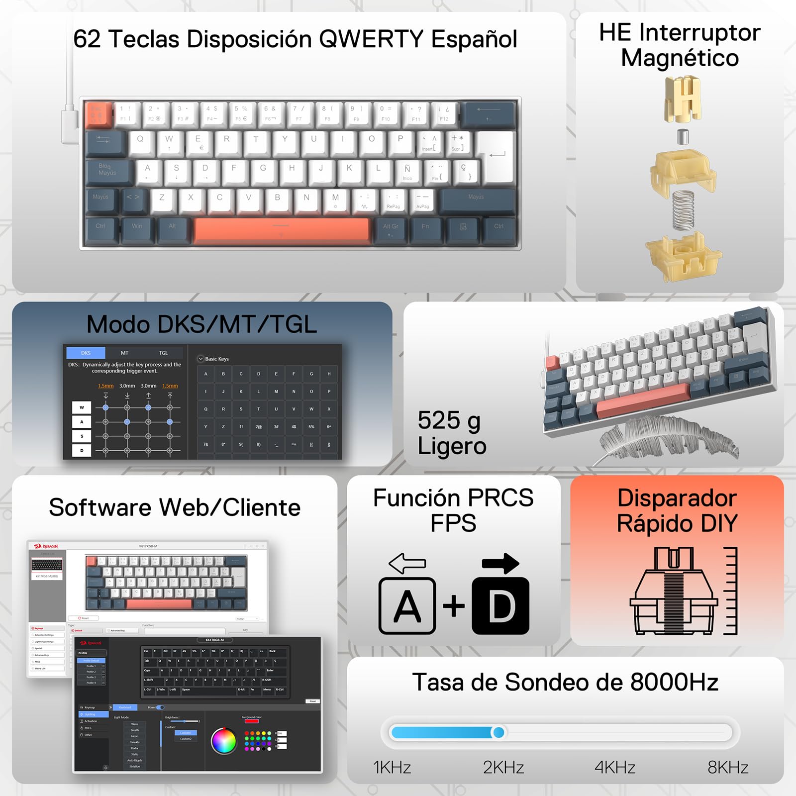 Promotional infographic for a mechanical keyboard, featuring a 62-key Spanish QWERTY layout with white, gray, and orange key colors. The layout includes text callouts for features such as '62 Teclas Disposicion QWERTY Espanol', 'He Interruptor Magnético', 'Modo DKS/MT/TGL', '525 g Ligero', 'Software Web/Cliente', 'Función PRCS FPS', 'Disparador Rápido DIY', and 'Tasa de Sondeo de 8000Hz'.