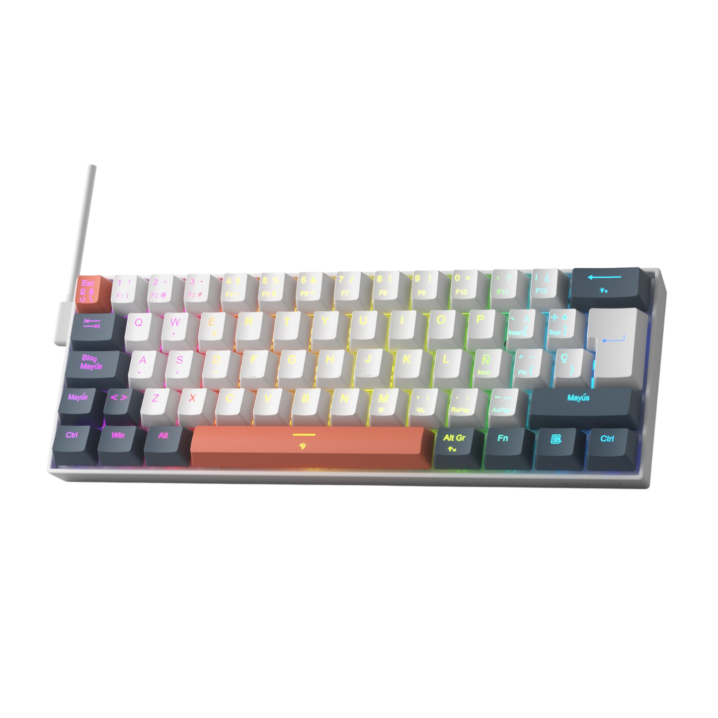 A compact mechanical keyboard with a white frame and a variety of colored keycaps, including a prominent orange spacebar and multicolor backlighting, shown on a plain white background.