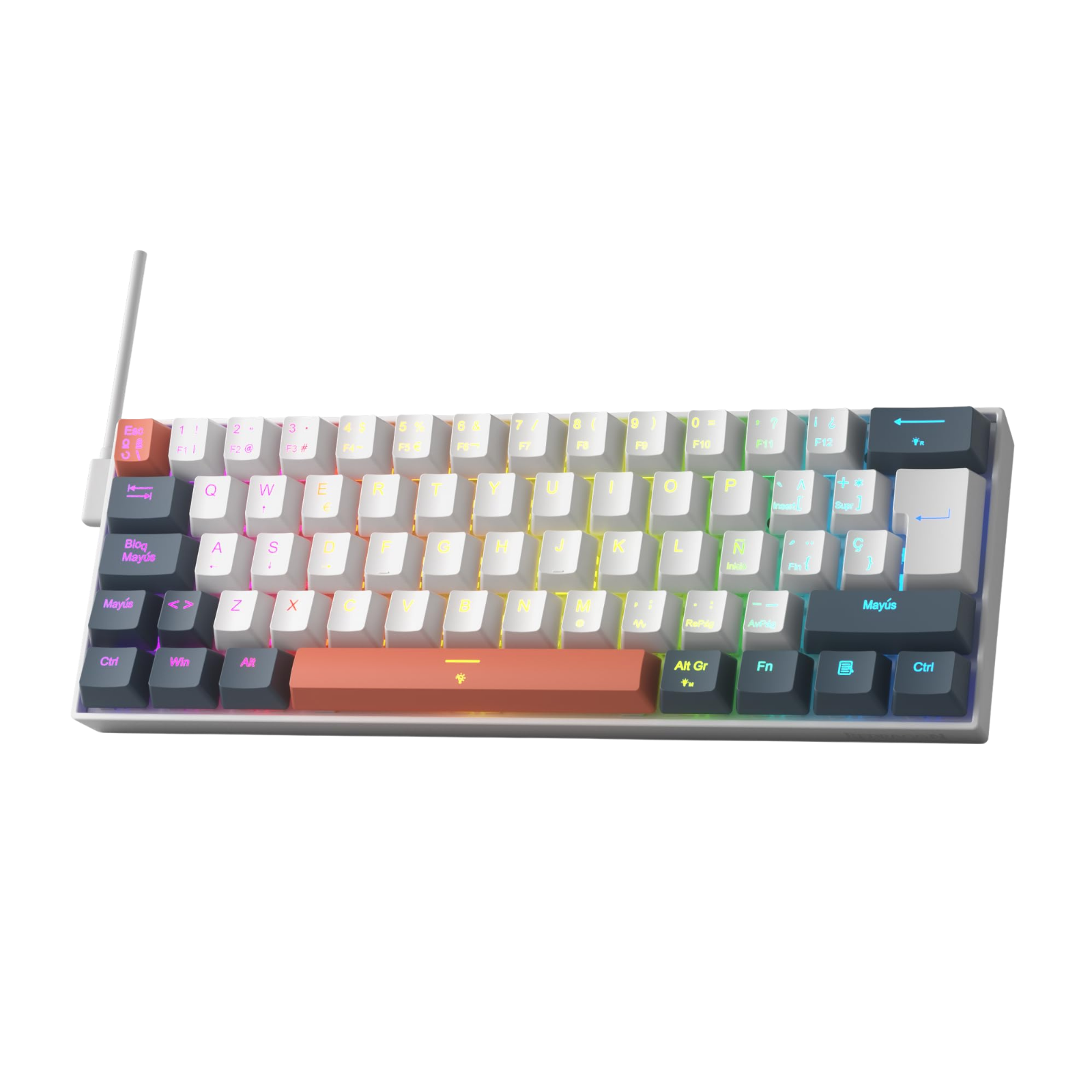 A compact mechanical keyboard with a white frame and a variety of colored keycaps, including a prominent orange spacebar and multicolor backlighting, shown on a plain white background.