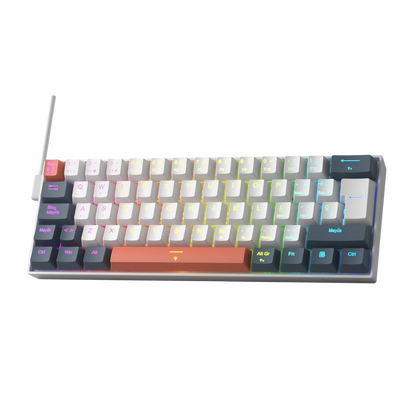 A compact mechanical keyboard with a white frame and a variety of colored keycaps, including a prominent orange spacebar and multicolor backlighting, shown on a plain white background.
