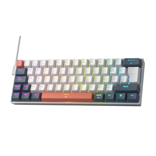 A compact mechanical keyboard with a white frame and a variety of colored keycaps, including a prominent orange spacebar and multicolor backlighting, shown on a plain white background.