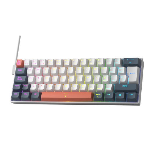 A compact mechanical keyboard with a white frame and a variety of colored keycaps, including a prominent orange spacebar and multicolor backlighting, shown on a plain white background.