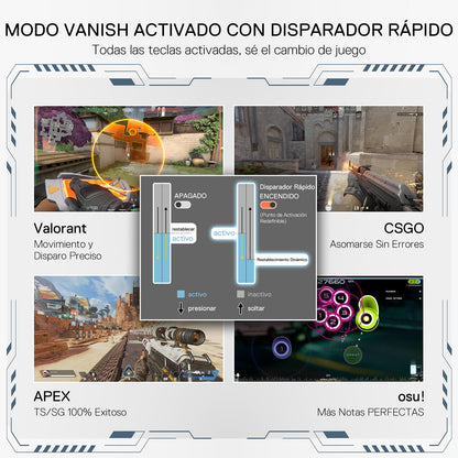Spanish promotional graphic for a fast-shooting trigger accessory, showing game screenshots and a central diagram labeled 'Disparador Rápido' with active/inactive states and trigger mapping instructions.