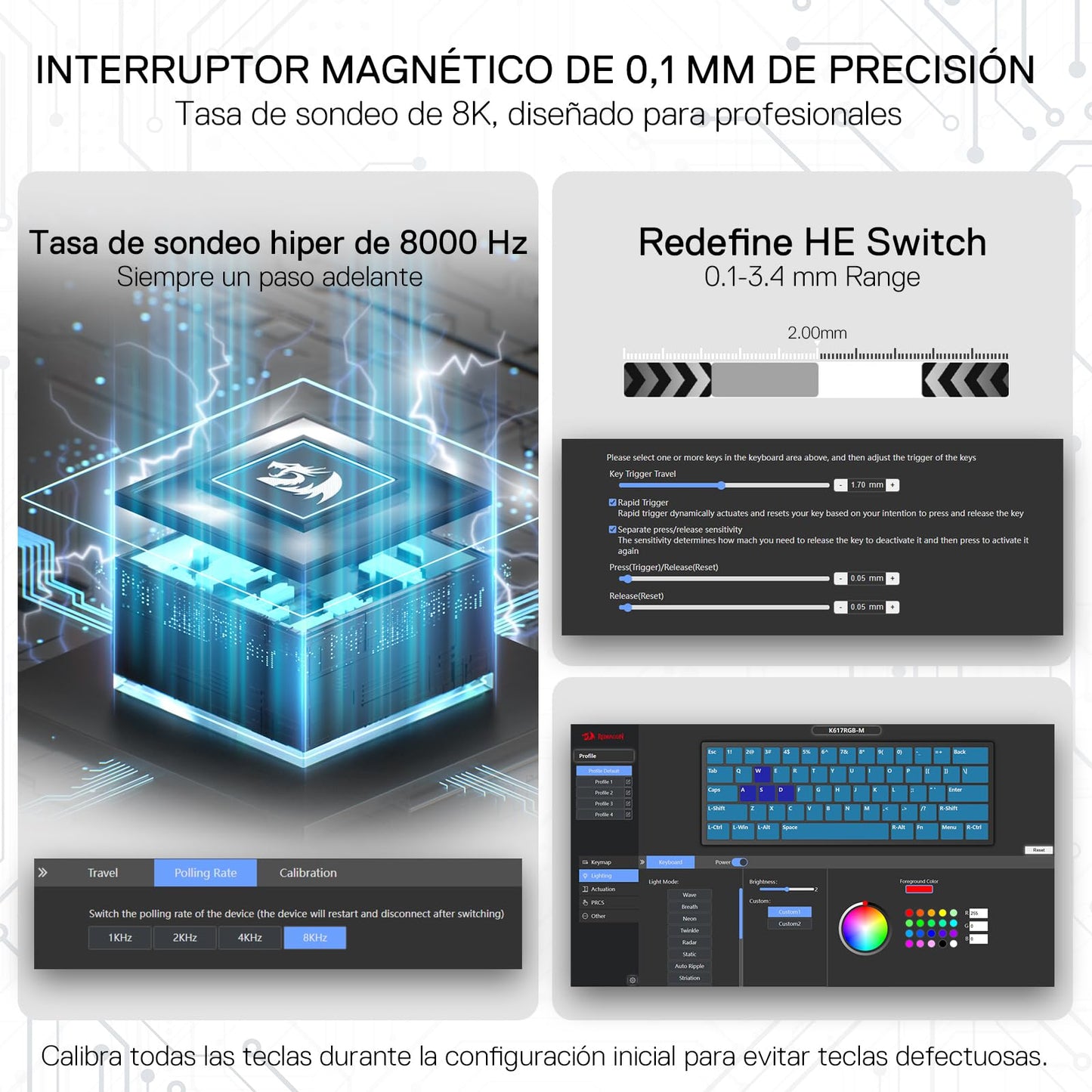 Promotional graphic for a magnetic keyboard interrupter switch device, showing technical features and interface screenshots in Spanish. The layout includes text highlighting 0.