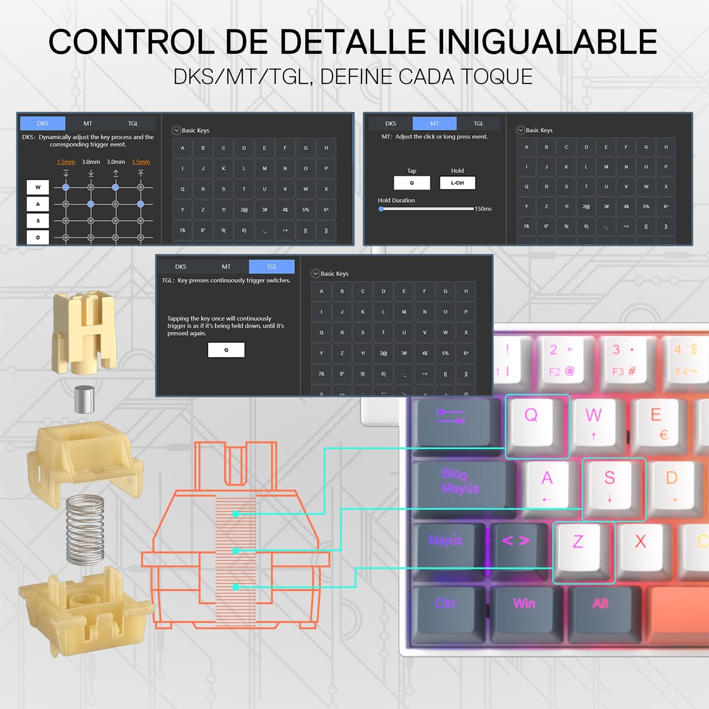 Promotional graphic for a mechanical keyboard switch component. The top text reads 'CONTROL DE DETALLE INIGUALABLE' and 'DKS/MT/TGL, DEFINE CADA TOQUE'.