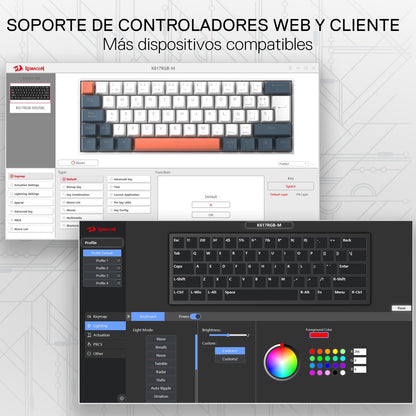 Promotional graphic for a keyboard software controller showing multiple screenshots of a web and client-side control interface. The image includes Spanish text at the top reading 'SOPORTE DE CONTROLADORES WEB Y CLIENTE' and 'Más dispositivos compatibles,' with a keyboard mockup and dark control panels below on a light patterned background.