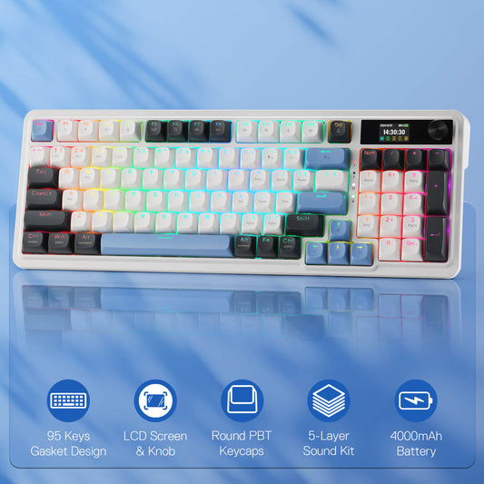 Redragon K719 Wireless Gasket Gaming Keyboard w/Hype Screen & Knob, 95 Keys Mechanical Keyboard, Easy-Control 1.14’’ TFT Info Display, 5-Layer Noise Dampener, Round PBT Keycaps, Mint Mambo Switch