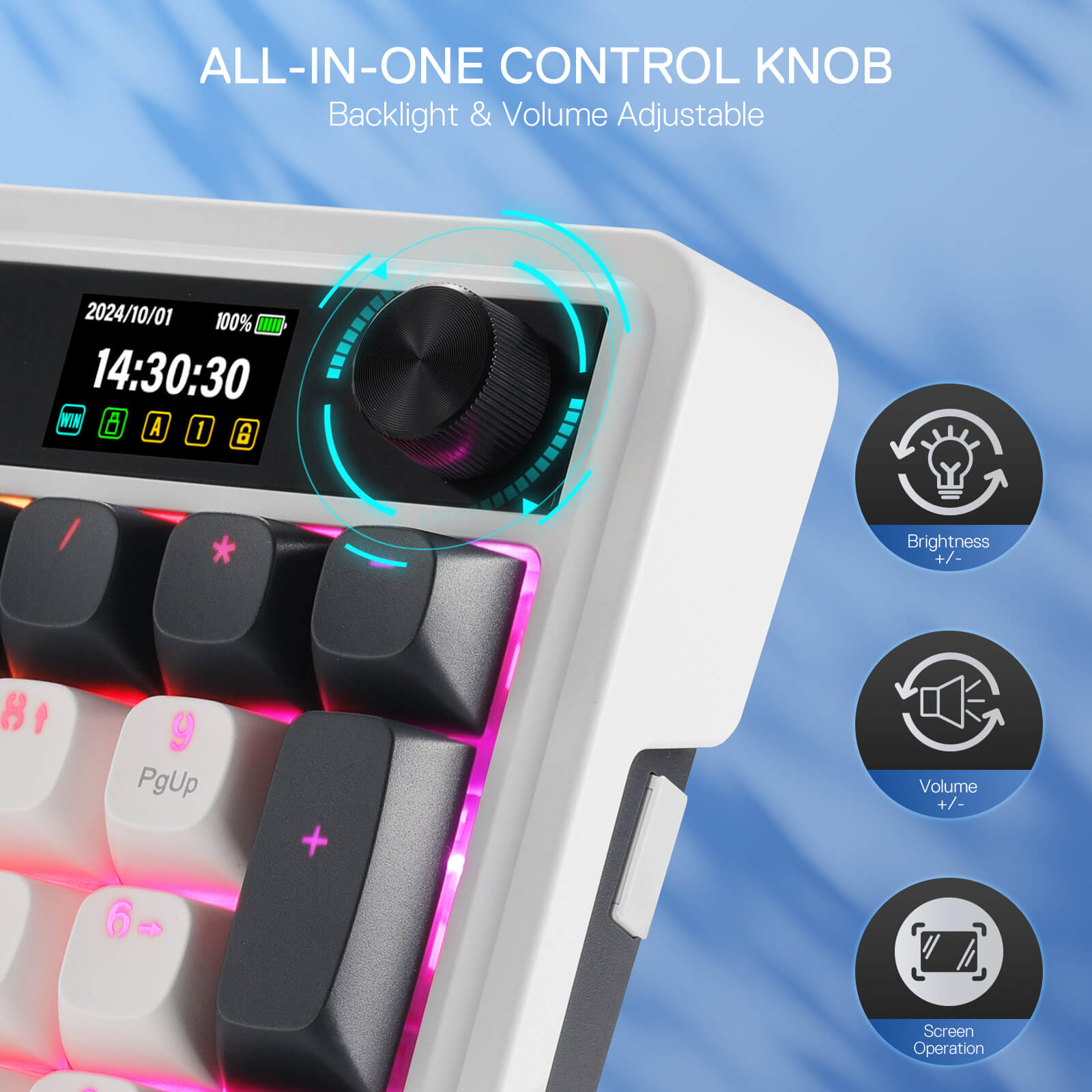 Redragon K719 Wireless Gasket Gaming Keyboard w/Hype Screen & Knob, 95 Keys Mechanical Keyboard, Easy-Control 1.14’’ TFT Info Display, 5-Layer Noise Dampener, Round PBT Keycaps, Mint Mambo Switch