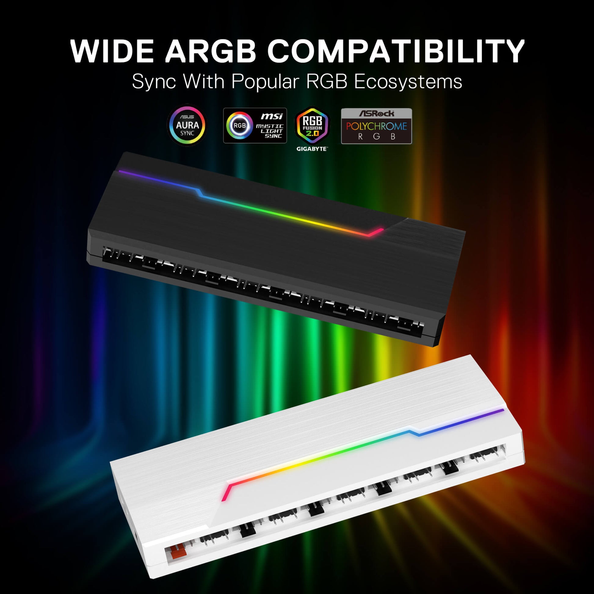 Two RGB LED strips with compatibility text and logos on a colorful background